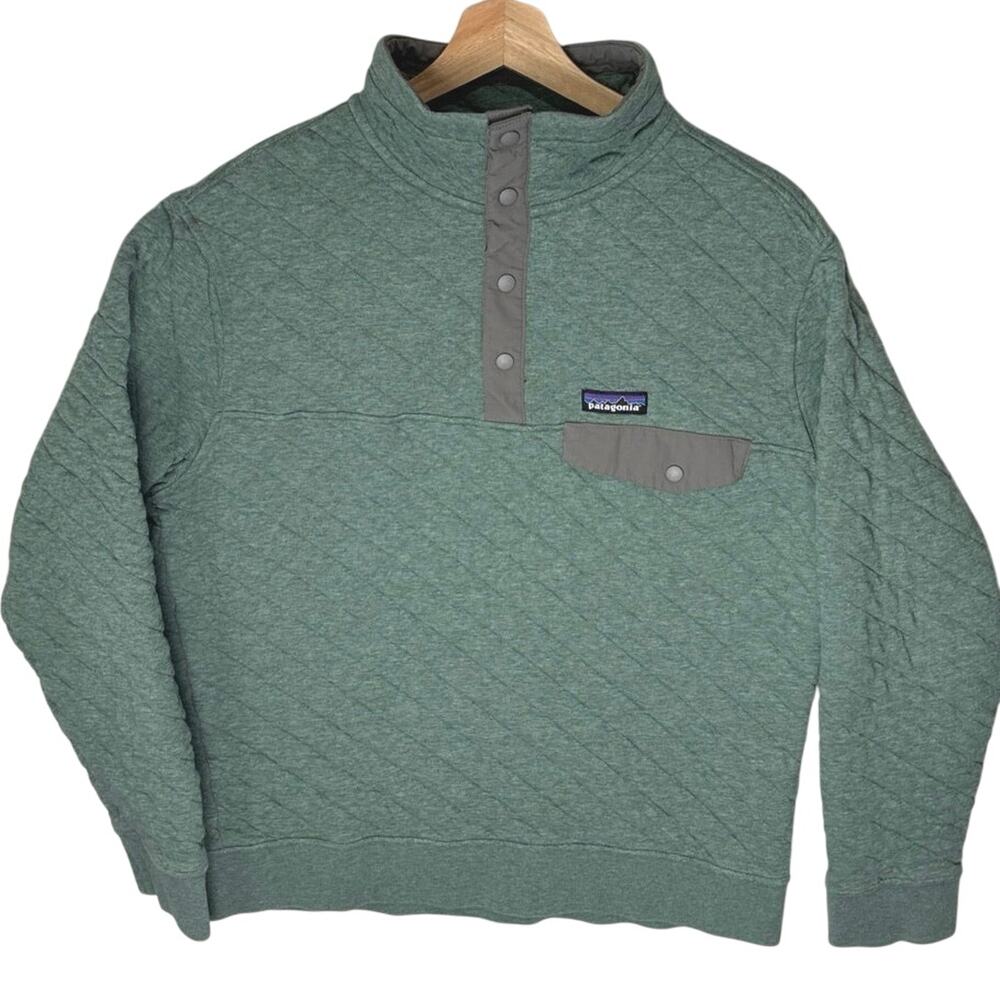 Patagonia Organic Cotton Men Size Medium Quilt Snap-T Pullover Green/Gray Pocket